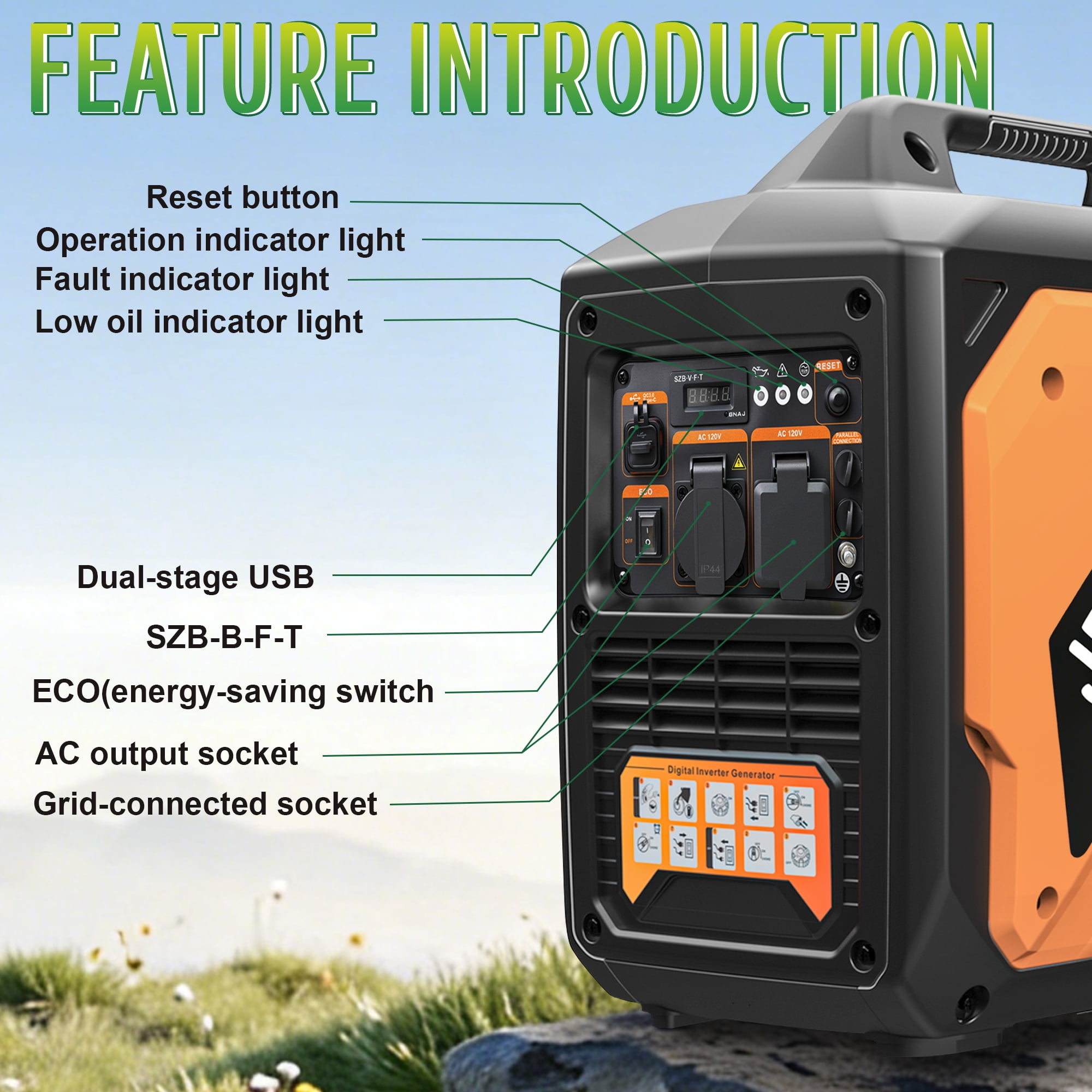 2500W Inverter Generator, 121.6cc 4-Stroke OHV Engine, Quiet Portable Gas Propane Powered with CO Sensor and RV Ready Outlet for Home Backup, Camping & Tailgating