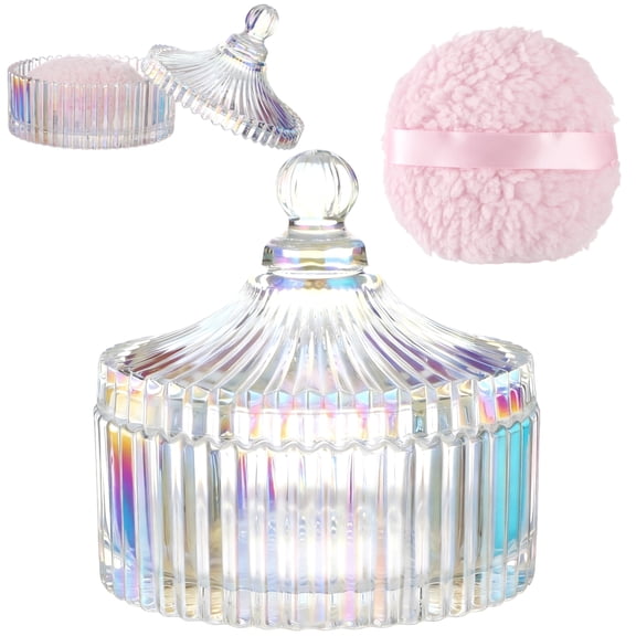 2 PCS Large Body Powder Puff with Glass Container Set, Soft Washable Puff Set for Face & Body, Reusable Puff with Ribbon Band for Makeup Glitter Application, After-Bath Care