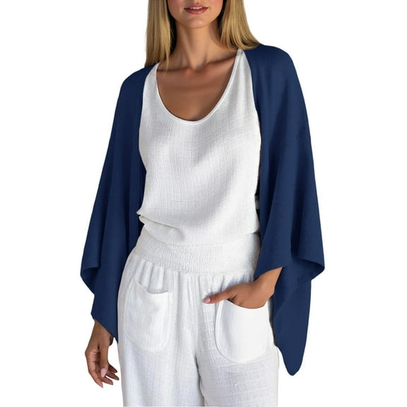 BLTIBY Women's Linen Cardigan Fall 3/4 Sleeve Open Front Lightweight Kimono Shrugs Casual Loose Cover Ups Beach Vacation Outwear Dark Blue XL