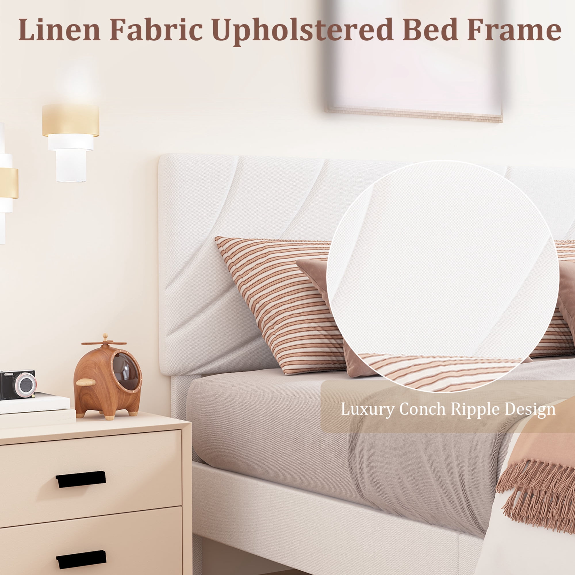 4 EVER WINNER Full Size Bed Frame with Adjustable Headboard, Full Bed Frame with Linen Fabric Upholstered, Strong Wooden Slats, No Box Spring Needed, Noise Free, Easy Assembly, White