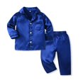 thumbnail image 2 of Otqutp Middle and Large Children's Homewear Pajamas Set Kids Boys Girls Summer Solid Color Satin Silk Short Sleeve Button Down Shirts Shorts Sleepwear(B-Blue,18-24 Months), 2 of 4