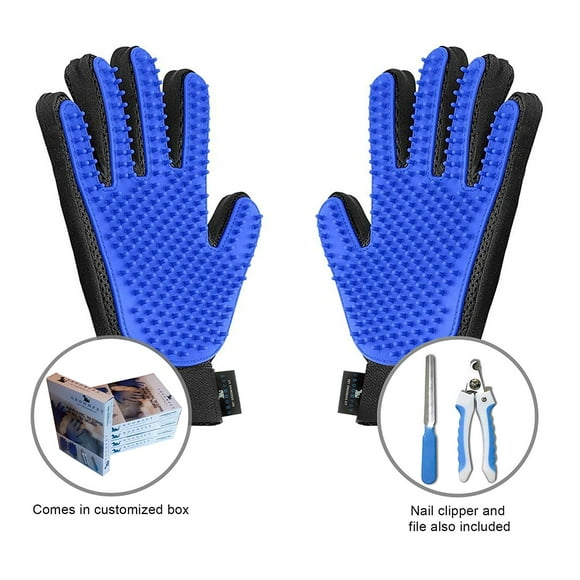 Groompet Pet Grooming Glove Bundle- pair of Hair Remover Massage Gloves – 5 Finger De-shedding gloves, toe nail trimmer and nail file - Perfect for Cats & Dogs
