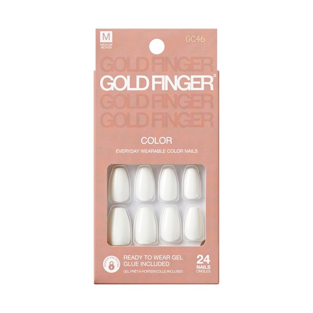 Kit de uñas postizas GoldFinger Listo para usar Uñas postizas de color blanco clásico Barra de manicura y pegamento incluidos Forma de ataúd mediano Pegamento de larga duración en las uñas