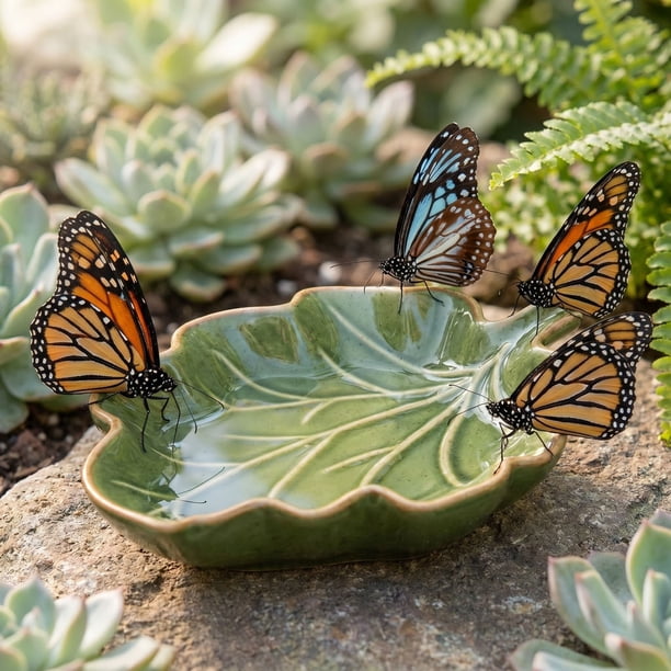Comedero de Cerámica con Forma de Hoja para Mariposas: Dispensador de Agua con Bandeja Poco Profunda para Insectos y Pájaros Pequeños, Decoración Duradera para Jardín Exterior con Base Antideslizante