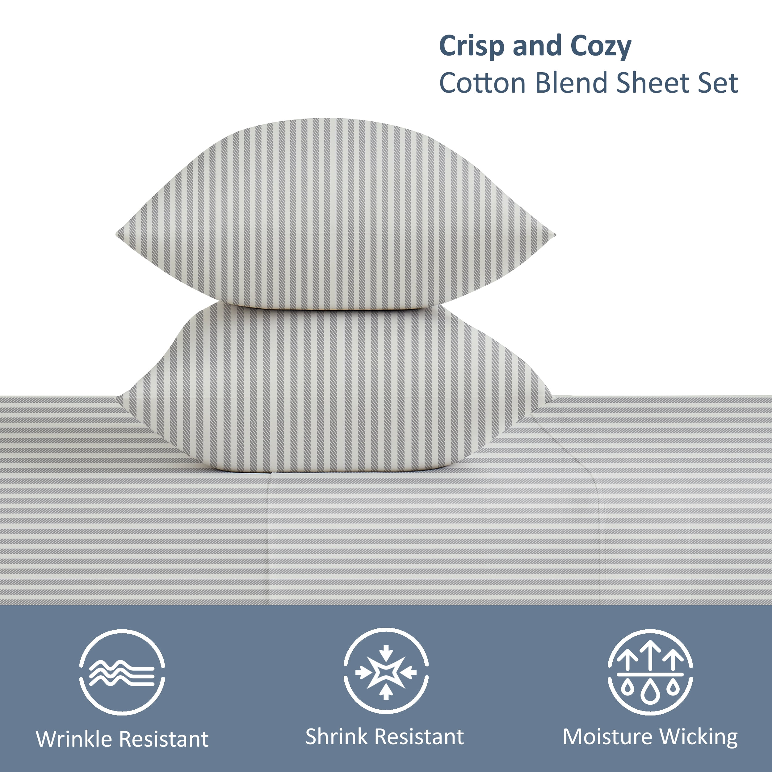 Mainstays 2-Piece 300 Thread Count Silver Stripe Cotton Blend Percale Pillowcase Set, Standard/Queen