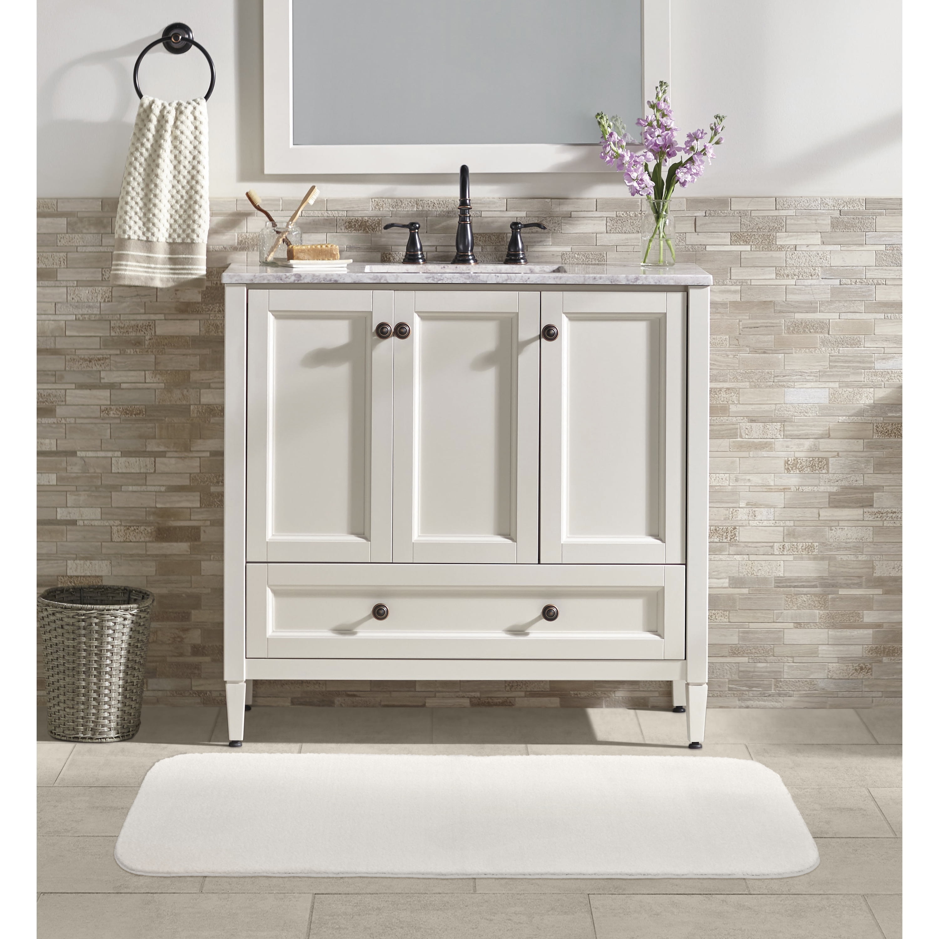 Garland Rug Gramercy Washable Polypropylene White Bathroom Runner, 22” x 60”