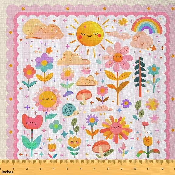 Castle Fairy Cartoon Rainbow Fabric by the Yard 1 Yard,Kawaii Flower Home Decor Fabric by the Yard,Geometric Stripes Room Decor Fabric by the Yard,Breathable Home Decor