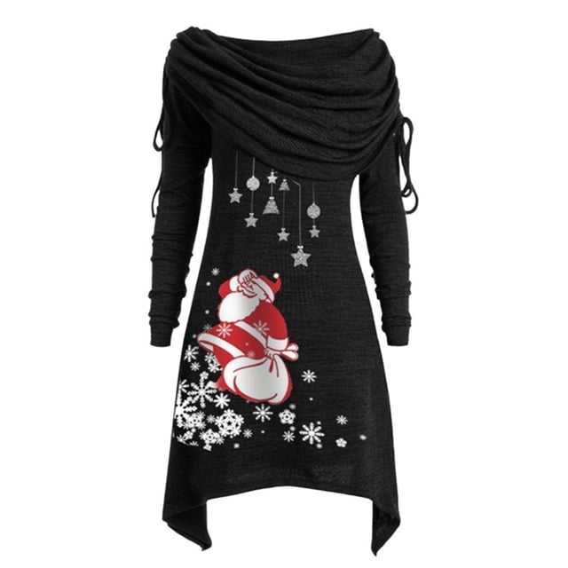 CEHVOM Robe de Noël Décontractée à Manches Longues Col Rond Plissé avec Cordon Imprimé pour Femmes