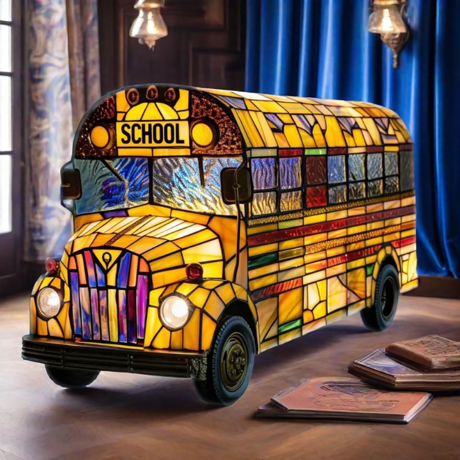 School Bus Stained Resin Night Light – 3D Vintage Tabletop Lamp, Unique Decor For Car Lovers (Small 7.87")