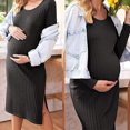 thumbnail image 2 of YUGYXL Women's Knitted Ribbed Maternity Dress Comfy Breathable Long Sleeve Crewneck Dress Loung Side Slit Bodycon Dresses Pregnancy Clothes Today's Black,XL, 2 of 4