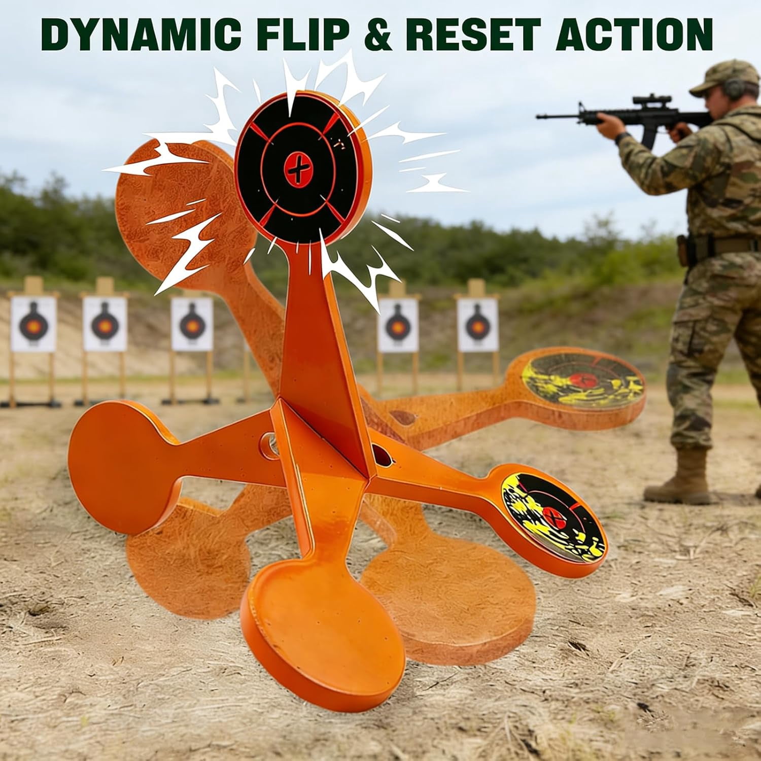 Spinning Shooting Target with Auto Flip, 10 Sheets Splash Paper, Metal Reactive Reset Target for High Caliber, Outdoor Backyard, 4mm
