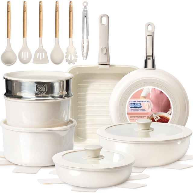 Batería de cocina Kikcoin de 25 piezas, cerámica antiadherente apilable