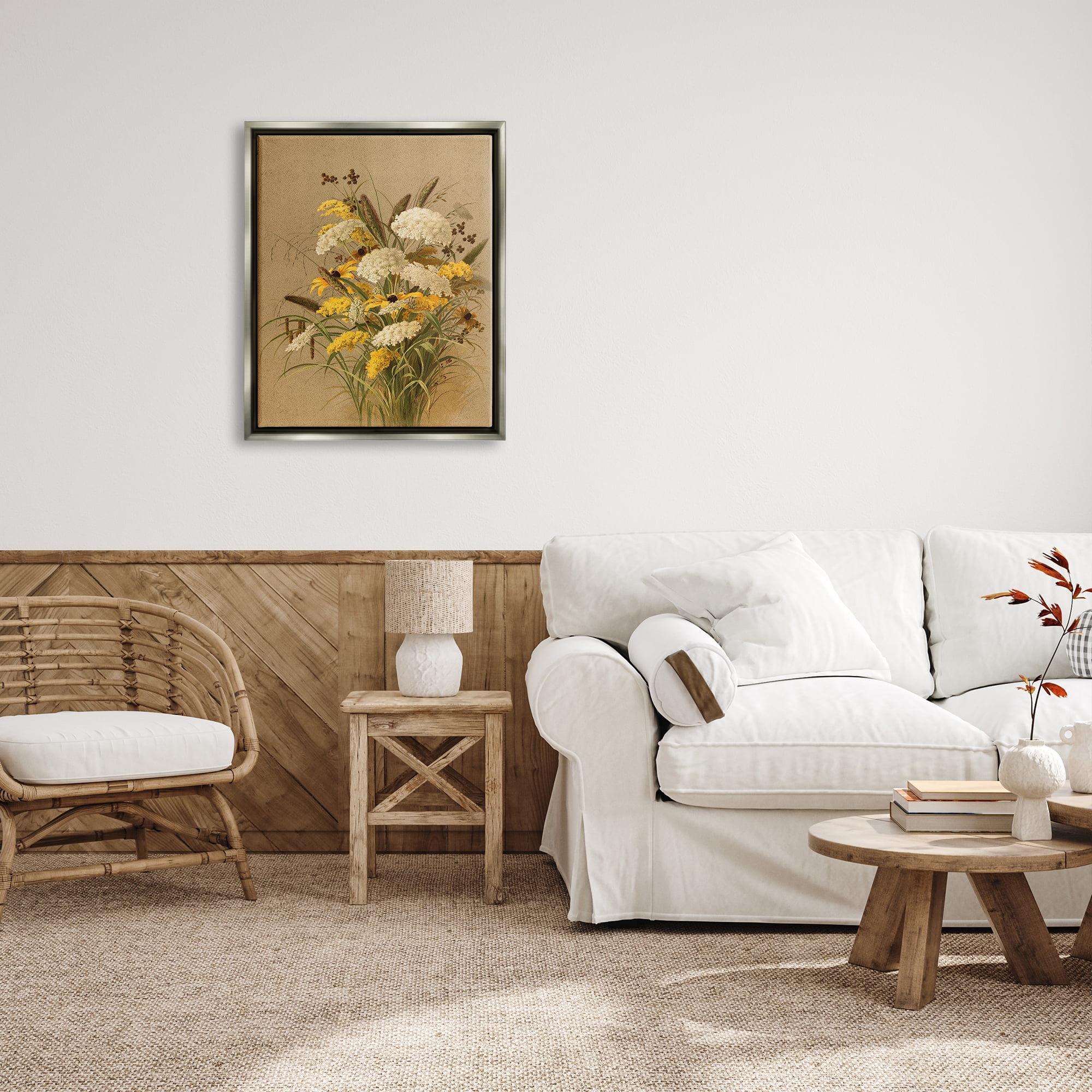 Stupell Industries Vintage Daisy Bouquet Botanical & Floral Painting Gray Floater Framed Canvas Art Print Wall Art, 25 x 31