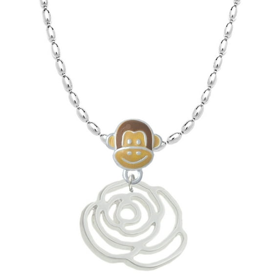 Delight Jewelry Silvertone Large Rose Outline Mia Monkey Charm Necklace