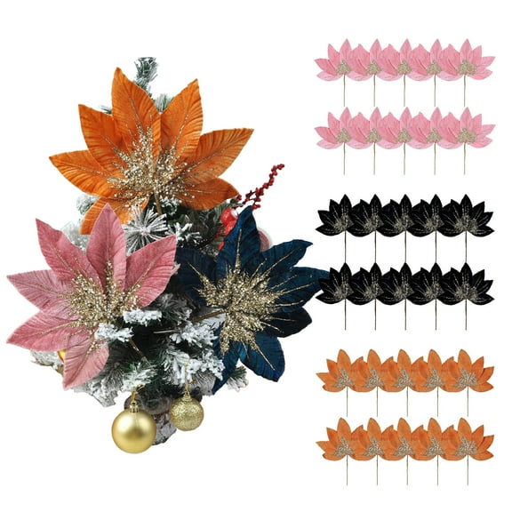 Plastic Cuttings 10Pcs Glitter Mesh Christmas Flowers Navy Blue Artificial Decor for Home Living Room Party Event Arrangement Rkxzt