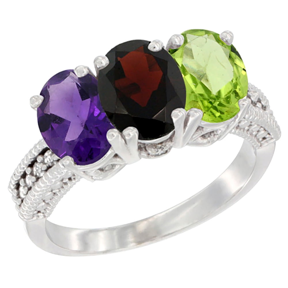 10K White Gold Natural Amethyst, Garnet & Peridot Ring 3-Stone Oval 7x5 mm Diamond Accent, sizes 5 10 by WorldJewels
