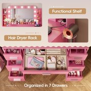 Furmax Vanity Set with Large Mirror & Adjustable Lights, Makeup Vanity Table with 7 Drawers & Open Shelves Vanity Desk for Bedroom, Pink