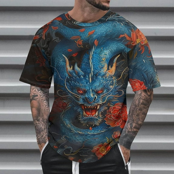 BSDJILFG Big and Tall T-Shirts for Father's Day Men's Summer Casual Hunky Dragon Print Short Sleeve Basic Tees Round Neck Loose Fit Shirts S-6XL