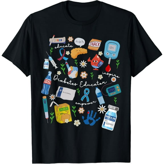 Diabetes Educator Support Diabetes Awareness Blue Ribbon T1D T-ShirtMen's and women's gift, black and white T-shirt, size: Extra large S-4XL