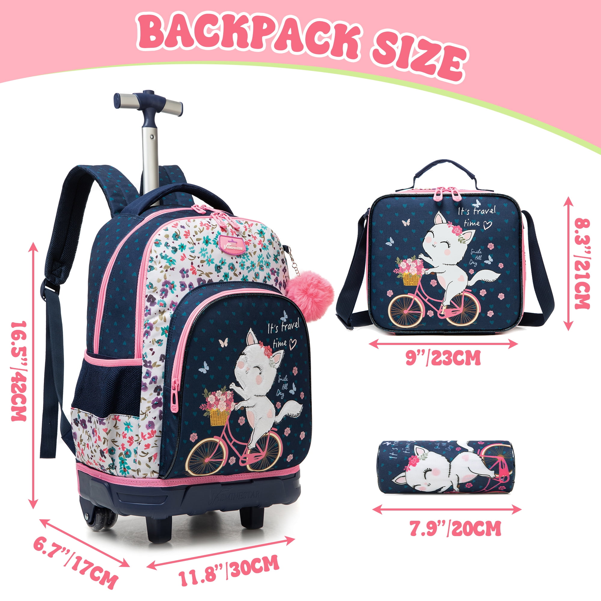 Kids Rolling Backpacks for School Girls with Lunch Box Pencil Case Roller Backpack with Wheels for Elementary Students Ages 8-10