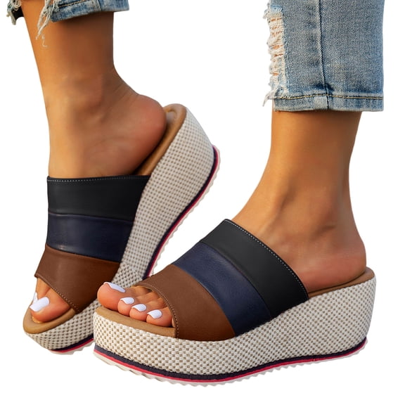 Rokment Comfortable Orthopedic Platform Wedge Slip on Dress Sandals for Women 2026 Summer Fashion Casual Color Block Leather Espadrilles Arch Support Chunky Heeled Walking Slides Slippers Black