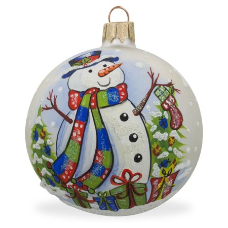 Snowman Glass Ball - Snowman, Christmas Tree and Gifts Glass Ball Ornament 3.25 Inches