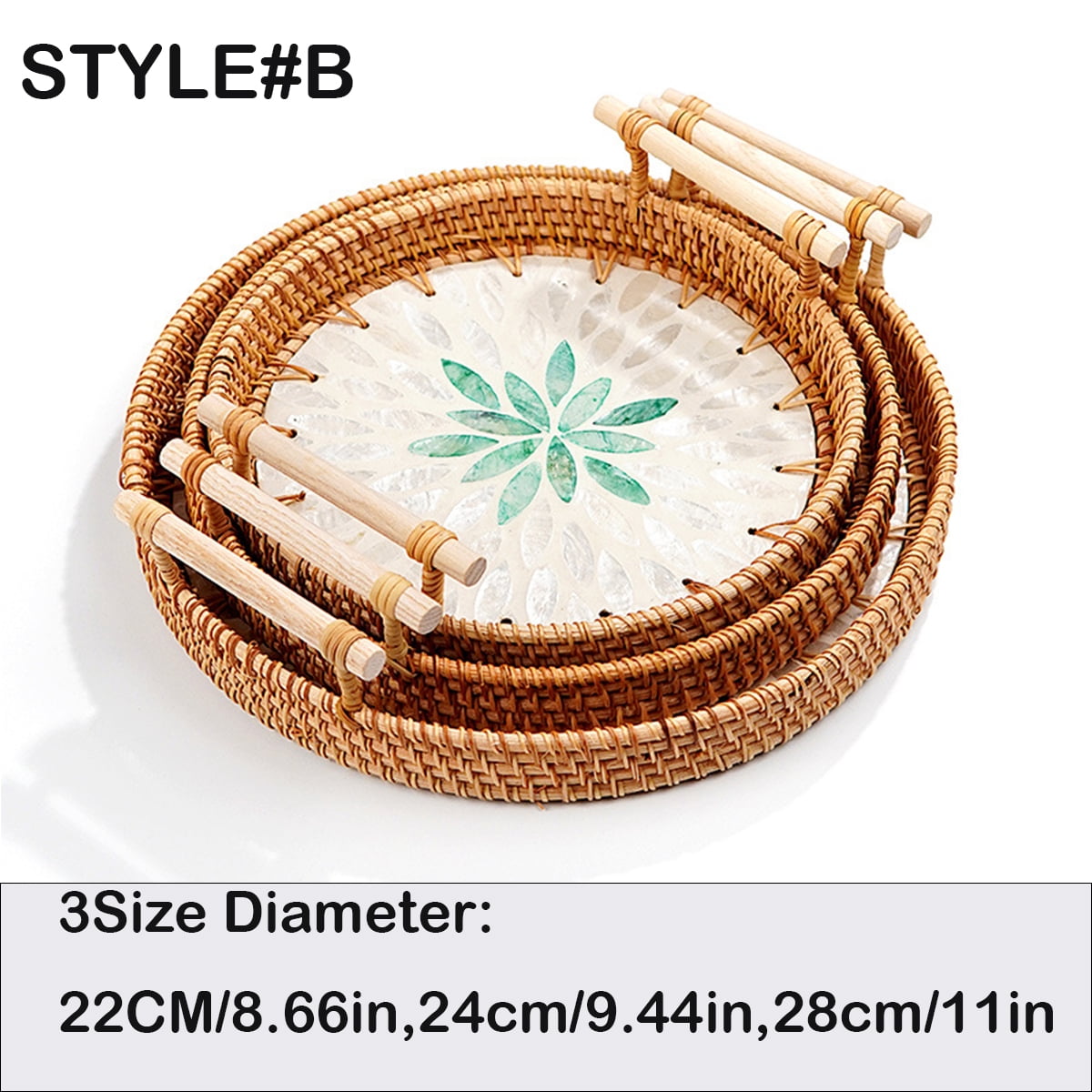 Round Rattan Wicker Woven Tray Basket with Shell Wooden Base and Handle for Fruit Bread Serving, Coffee Table Tray, Vanity Ottoman Tray Organizer for Kitchen, Storage Display