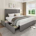 thumbnail image 3 of Queen Size Upholstered Platform Bed with Storage Drawers - Grey Corduroy Wingback Design with Tufted Headboard & Footboard, No Box Spring Needed, 3 of 9