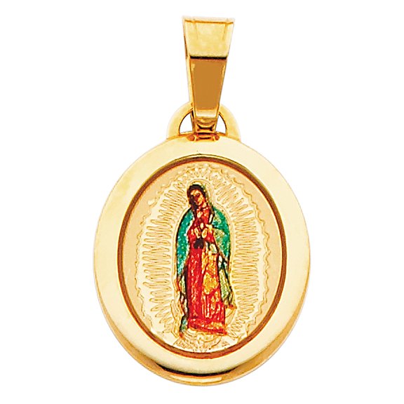 Wellingsale 14K Yellow Gold Polished Milgrain Religious Our Lady Of Guadalupe Enamel Picture Charm Pendant