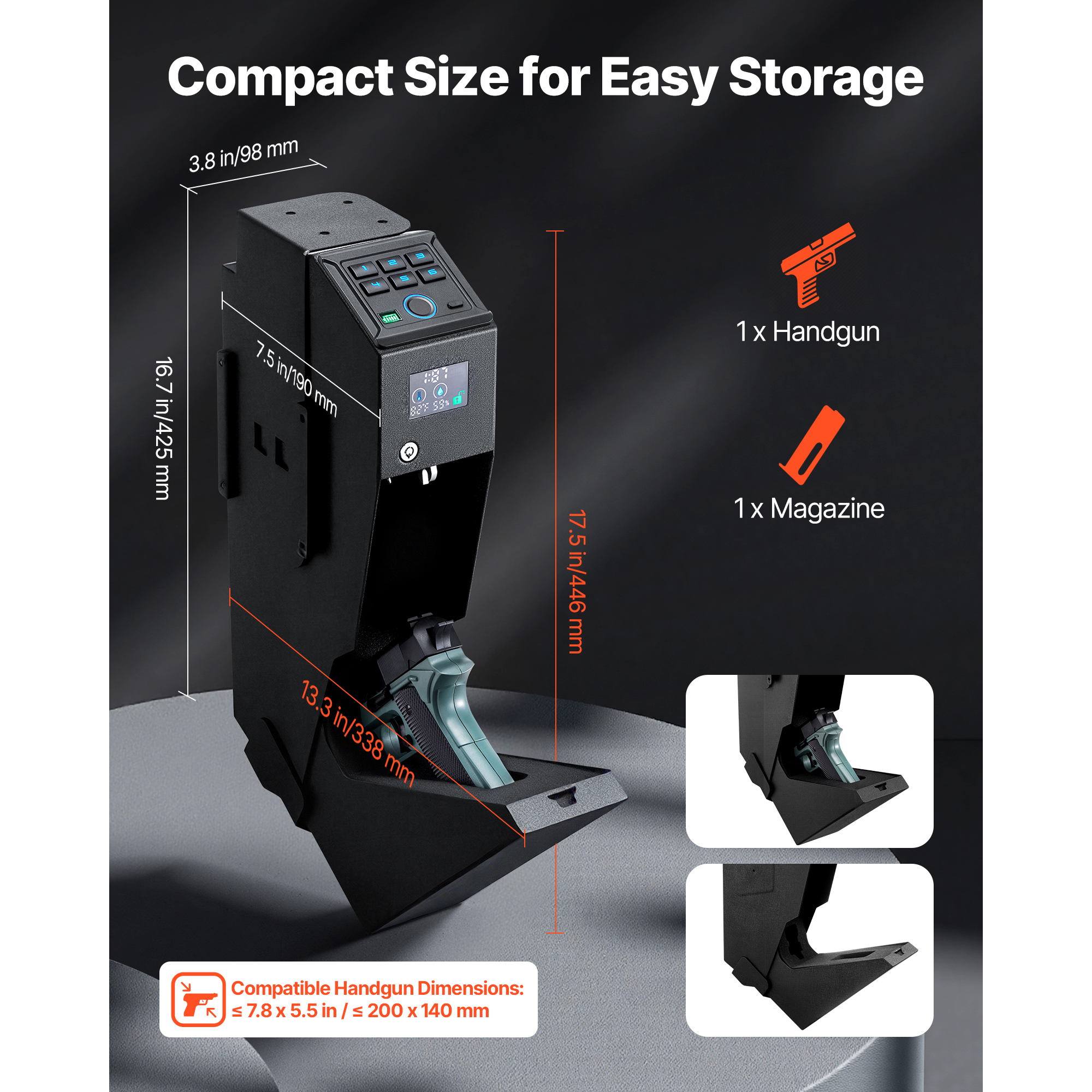 KFFKFF Secure Handgun Safe with Sliding Access, Biometric Fingerprint, Password, and Key Entry, Quick-Access Firearm Storage with LED Light for One Pistol and Magazine, Mountable for Nightstand, Desk