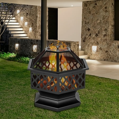 24 Inch Outdoor Fire Pit With Mesh Screen And Poker Hex Shaped
