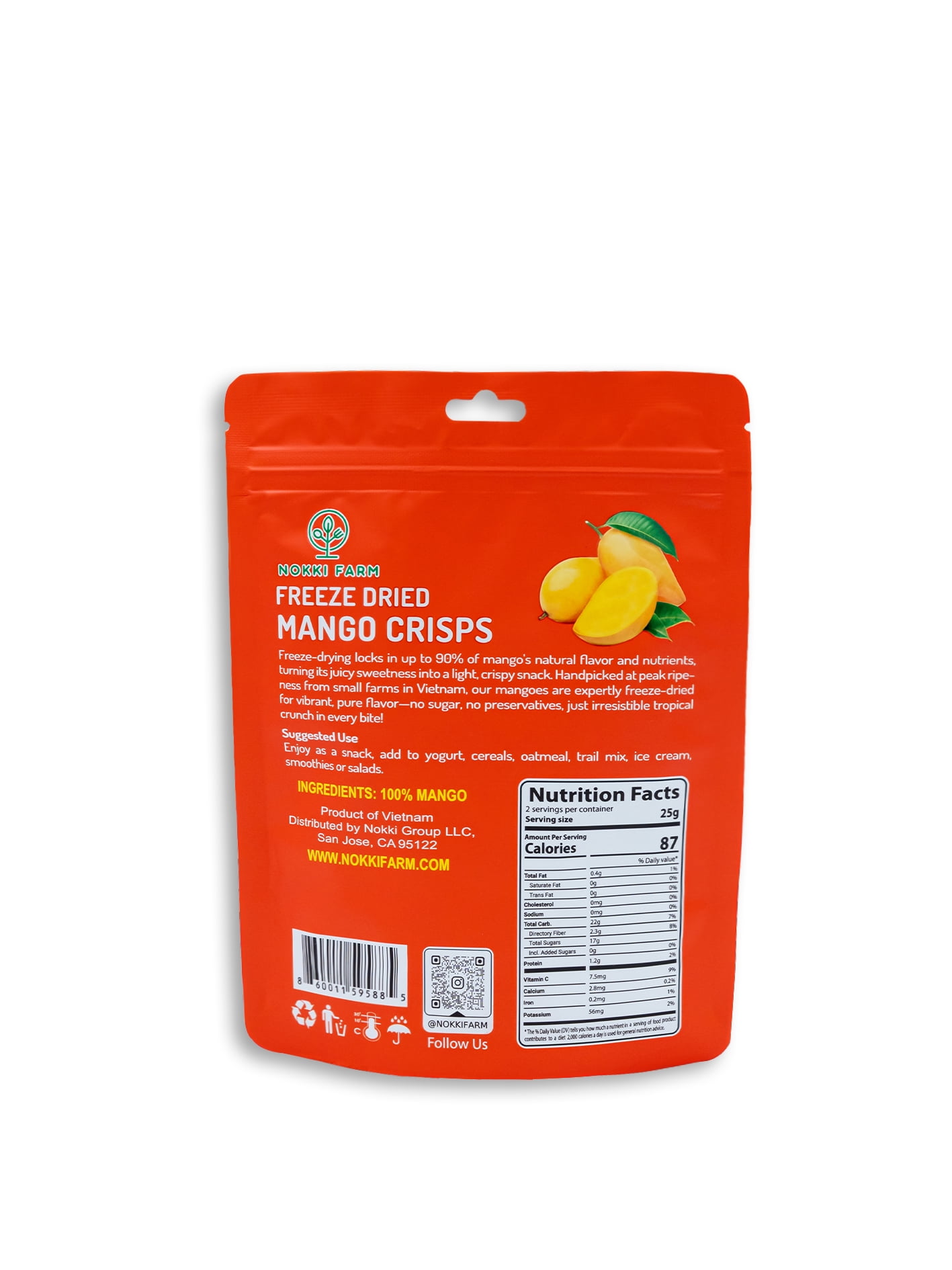 NOKKI FARM Freeze Mango Fruit, Healthy & Exotic Tropical Superfood Snacks, Kid-Approved, No Added Sugar or Preservatives, Shelf-Stable, 1.73 Oz, 3 Pack