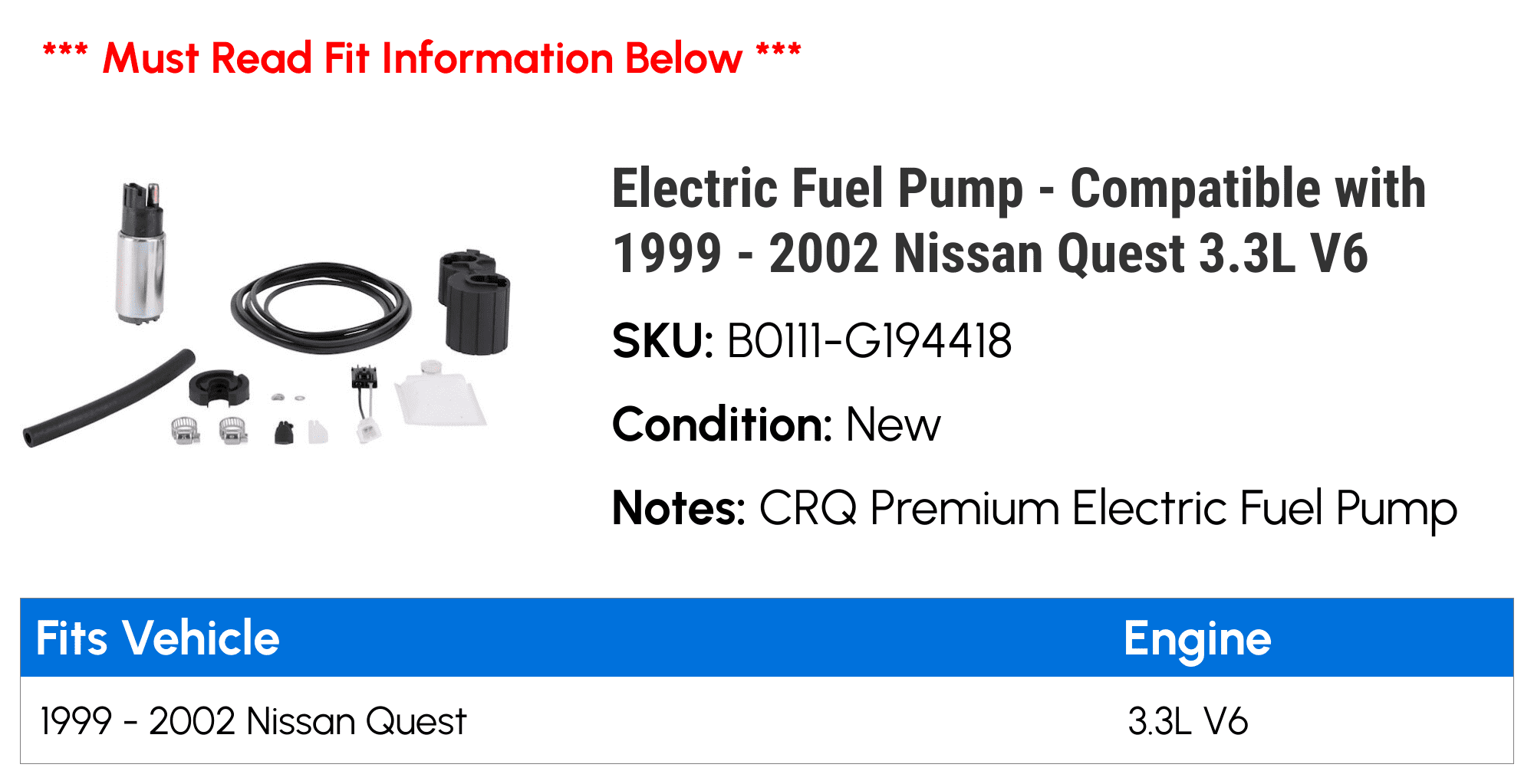 Electric Fuel Pump - Compatible with 1999 - 2002 Nissan Quest 3.3L V6 2000 2001