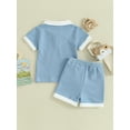 thumbnail image 3 of Toddler Boys Summer Outfits Contrast Color Buttons Short Sleeve T-Shirts Waffle Tops Elastic Waist Shorts Set, 3 of 8