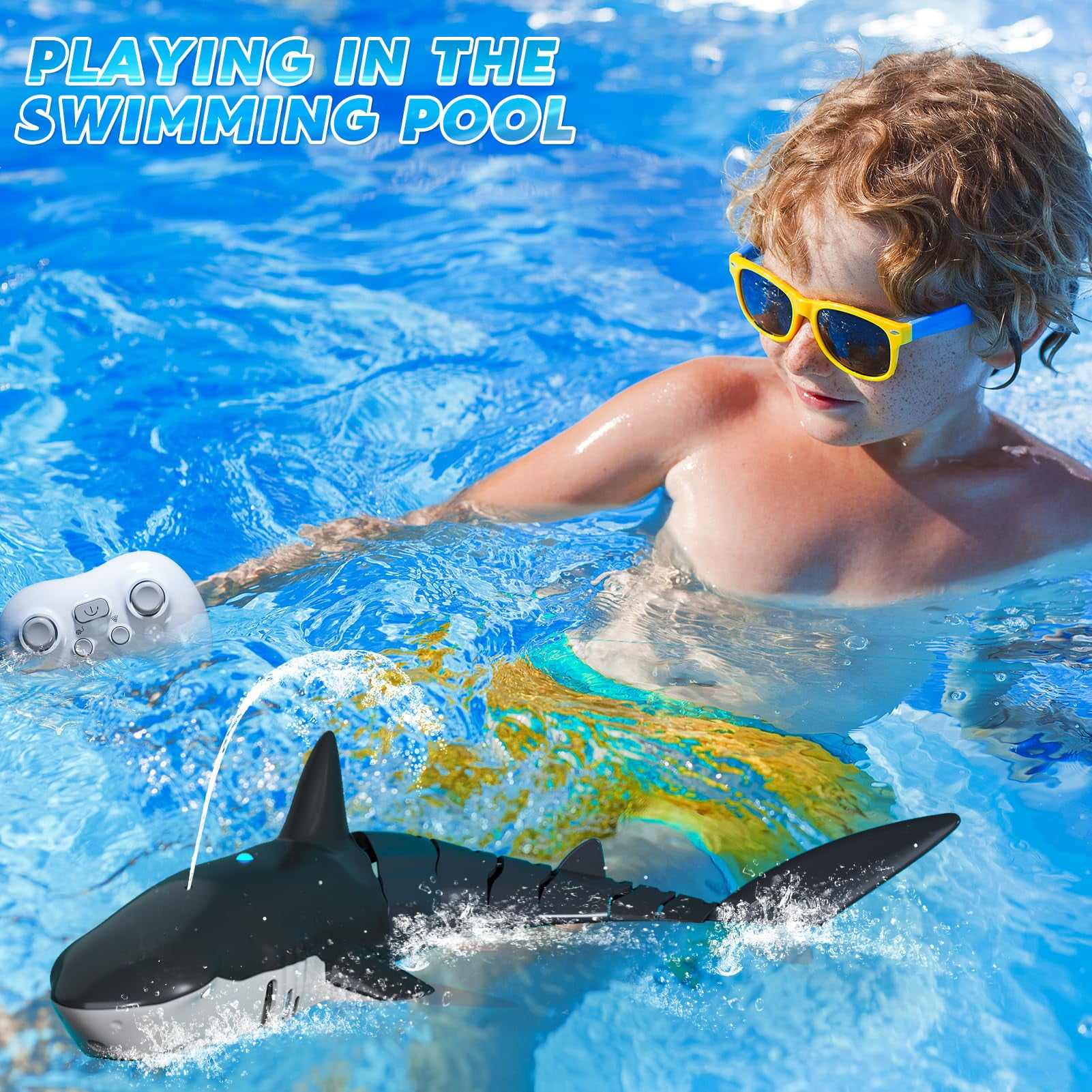 1:18 Scale Remote Control Shark Toy with Water Spray and Light for Pool, 2.4GHz RC Boat Water Toy for Boys Girls Kids