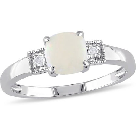1/2 Carat T.G.W. Opal and Diamond-Accent Sterling Silver Three-Stone Ring