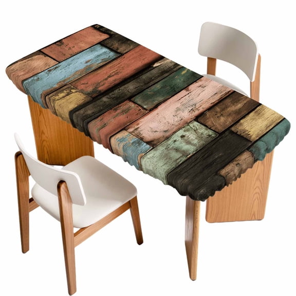 Vintage Wood Grains Table Cloths for 4 Foot Rectangle Tables, Farmhouse Colorful Wooden Texture Patio Waterproof Elastic Fitted Tablecloths, Washable Rectangular Table Cover for Camping