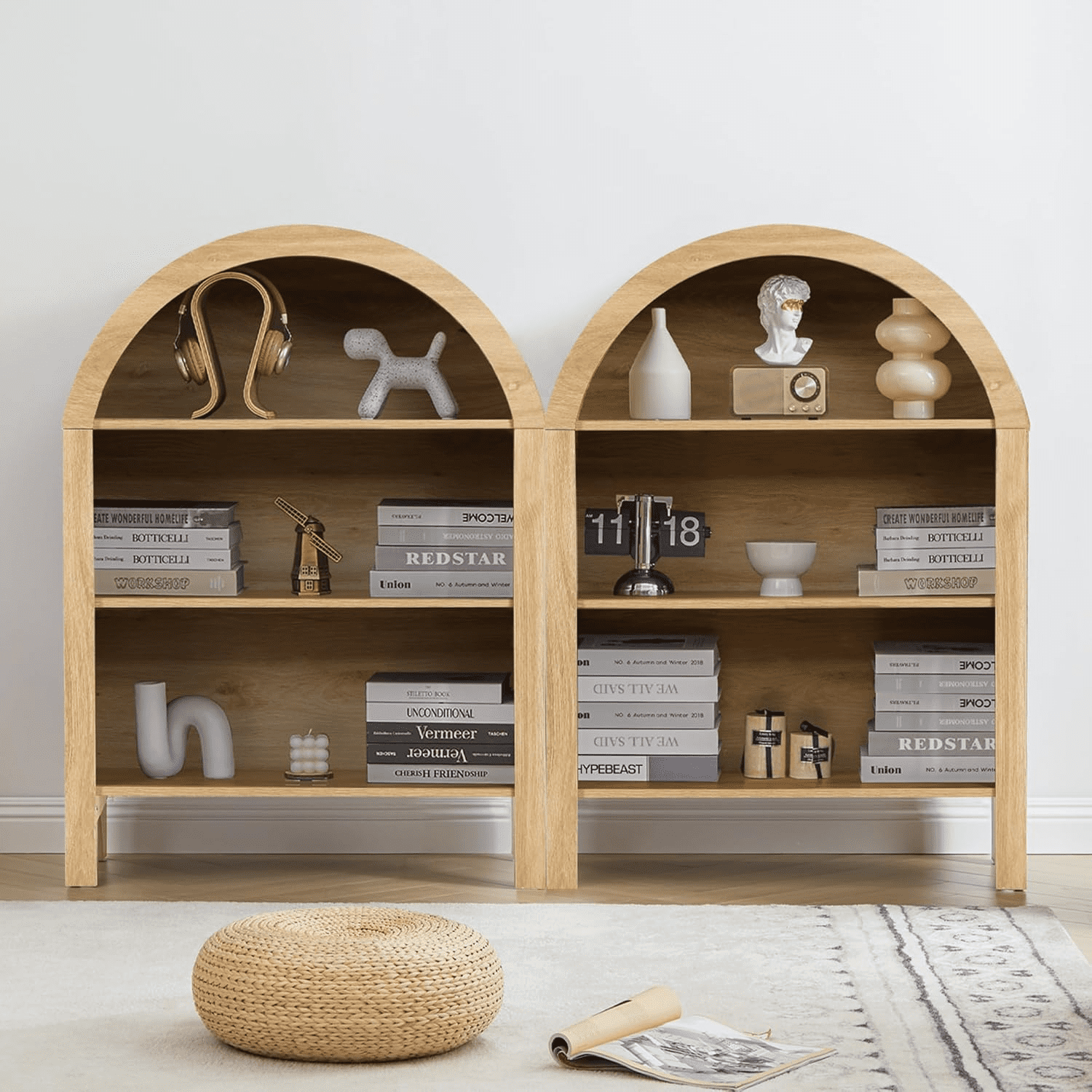 LEFHDA Small Kids Arched Bookshelf, Modern 3-Tier Open Bookshelf, Wood Freestanding Arched Bookcase with Adjustable Shelves, Covered Rounded Top Display Cabinet (Oak)