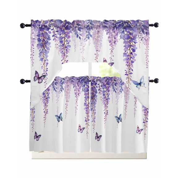 Wisteria Kitchen Curtains Set for Windows 3 Piece Cafe Curtains 24 Inch Length Swag Curtains Valances and Tier Set Purple Flowers Butterflies Vintage Spring Drapes for Bedroom Bathroom Living Room