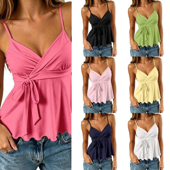 WAYUTE Women's Tank Tops Ruffle Tie Waist Design Strappy Camisole Solid Color V Neck Trendy Versatile Summer Beach Outdoor Casual