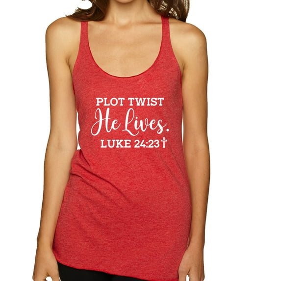 Wild Bobby Plot Twist He Lives Luke 24:23 Inspirational/Christian Women Tri-Blend Racerback Tank Top, Vintage Red, X-Large