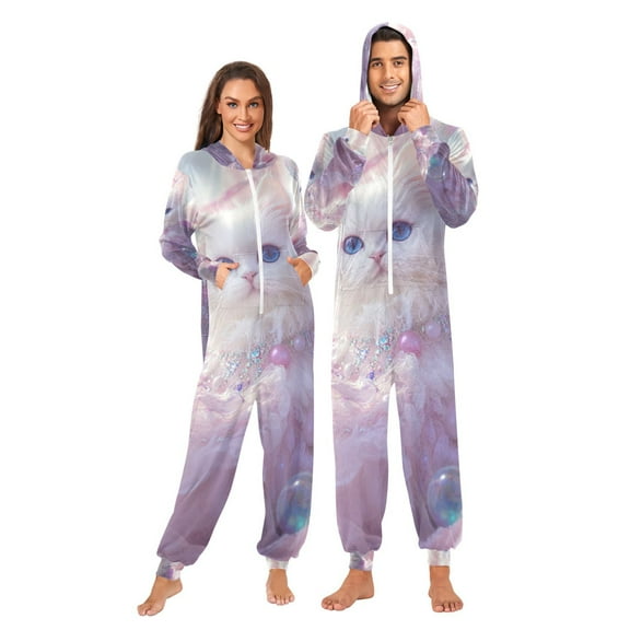 White Cat Bubbles Adult Onesie Pajamas Slim Fit Christmas One Piece Suit Pjs for Women and Men Hooded Zipper
