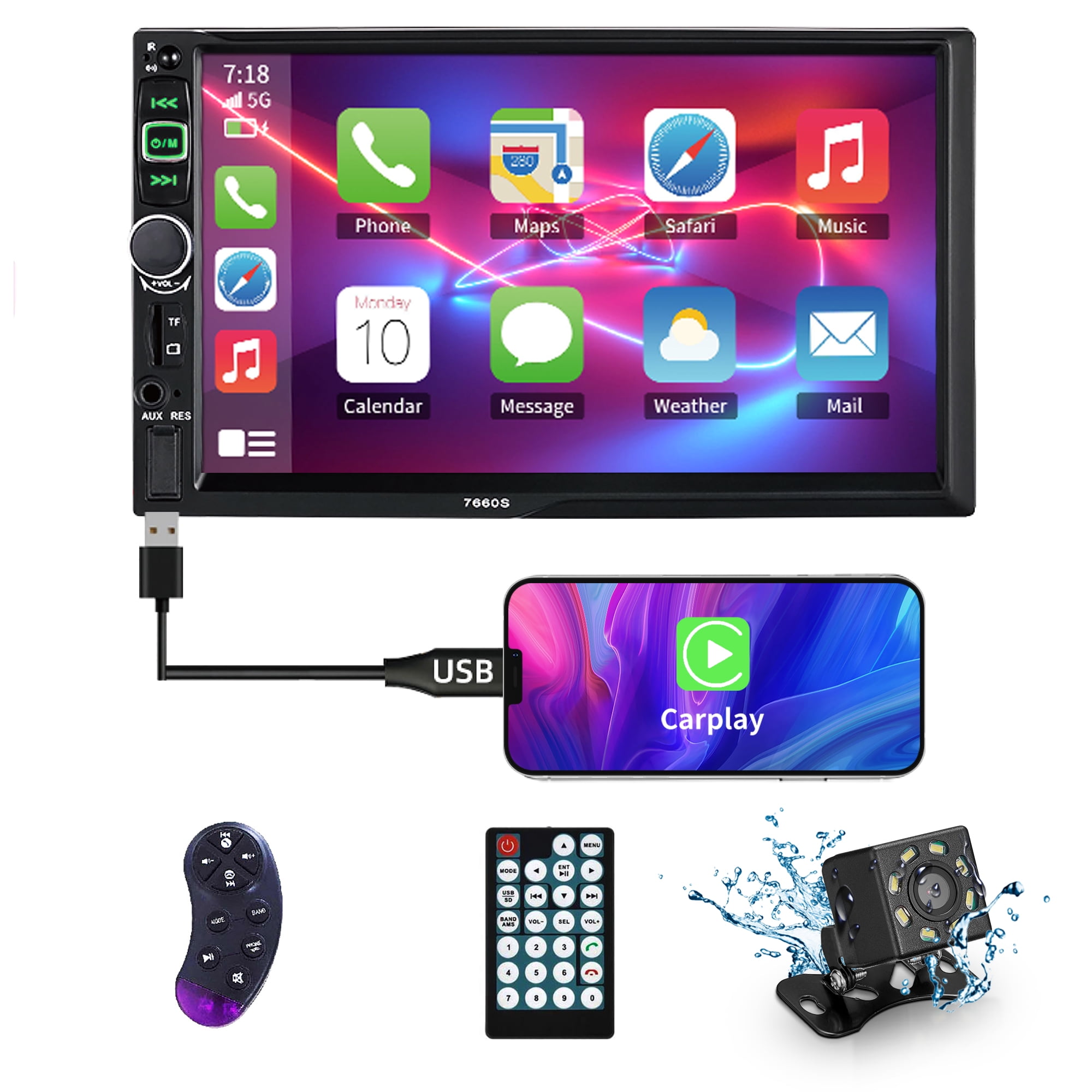 Bluetooth Mirror Link USB Port Rear Camera Compatible with iOS Carplay/Android Auto SANPTENT Double Din Car Stereo Subwoofer AM/FM Car Radio Audio Receiver 7-Inch Touch Screen 