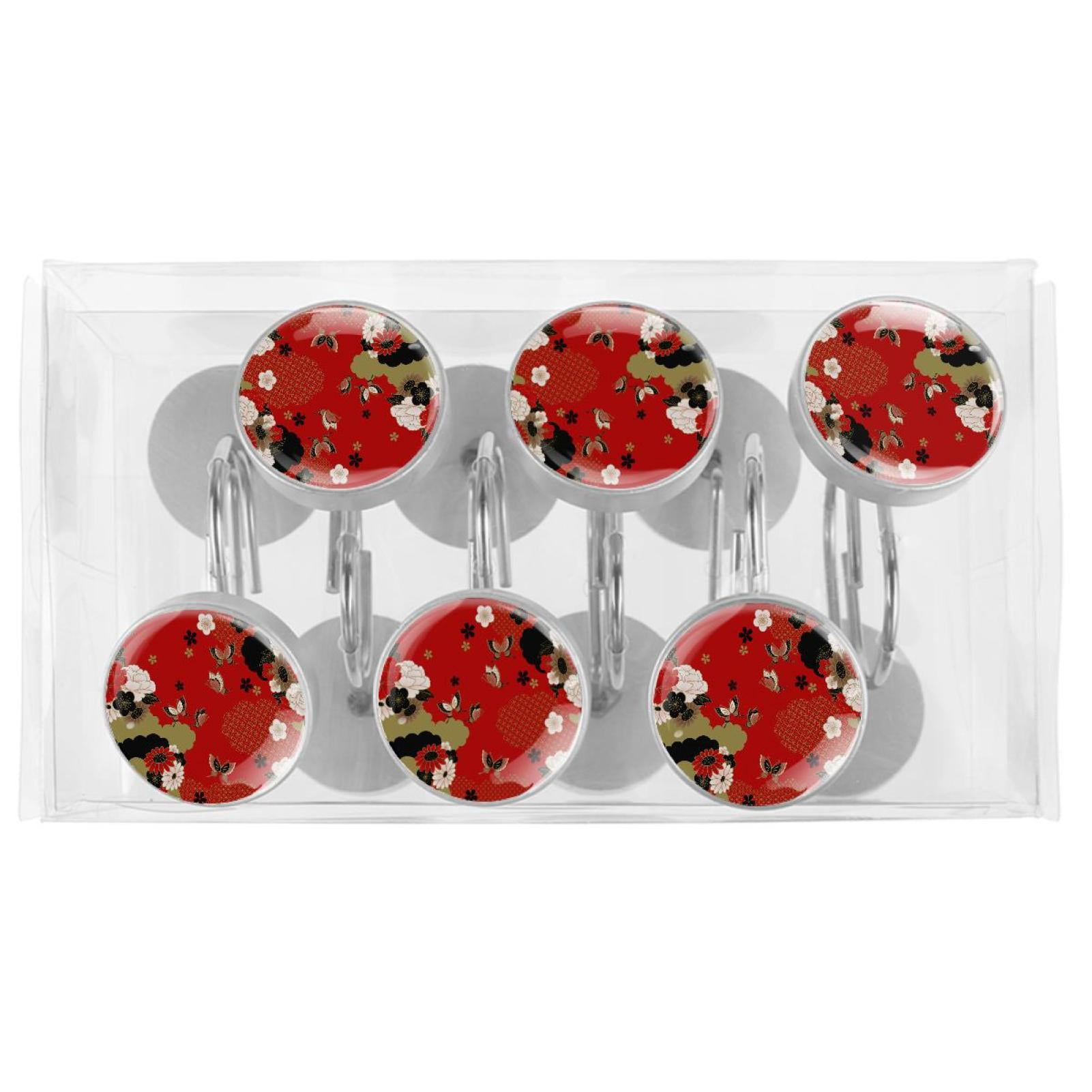 Japanese Traditional Print Shower Curtain Hooks（Set of 12）for Home Hotel Shower Rods Bathroom Crystal Glass Print Stainless Steel Round Curtain Hooks