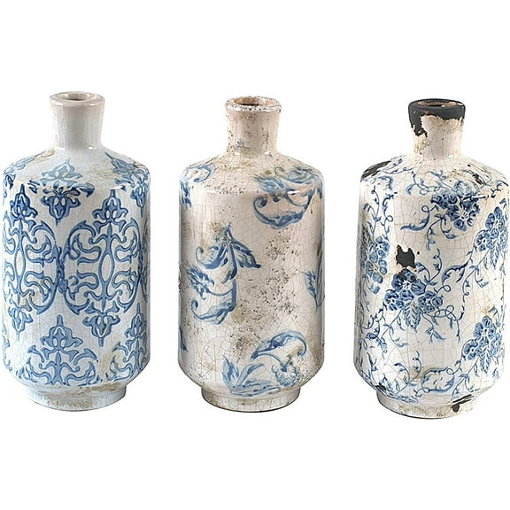 Creative Co-Op Blue and White Terracotta Vases (Set of 3 Designs)