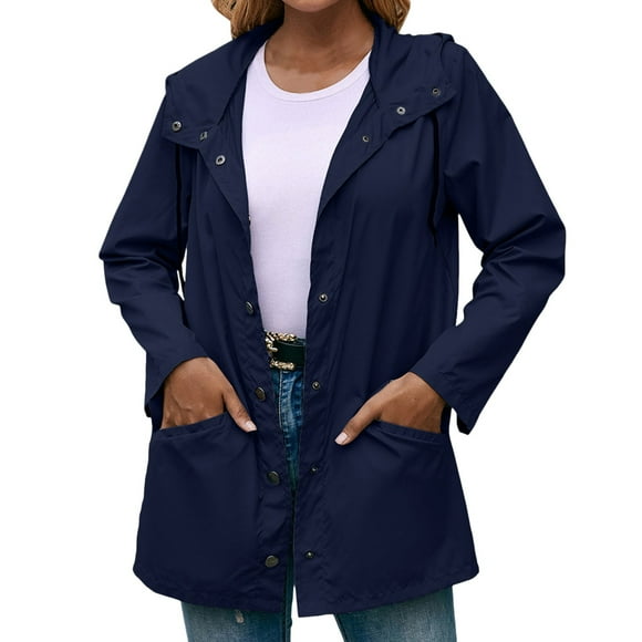 PMVFHDE Women's Oversized Raincoat Outdoor Mountaineering Sports Clothing Hooded Casual Hiking Rain Jacket Mid Length Windbreaker Jacket Coat Navy,L