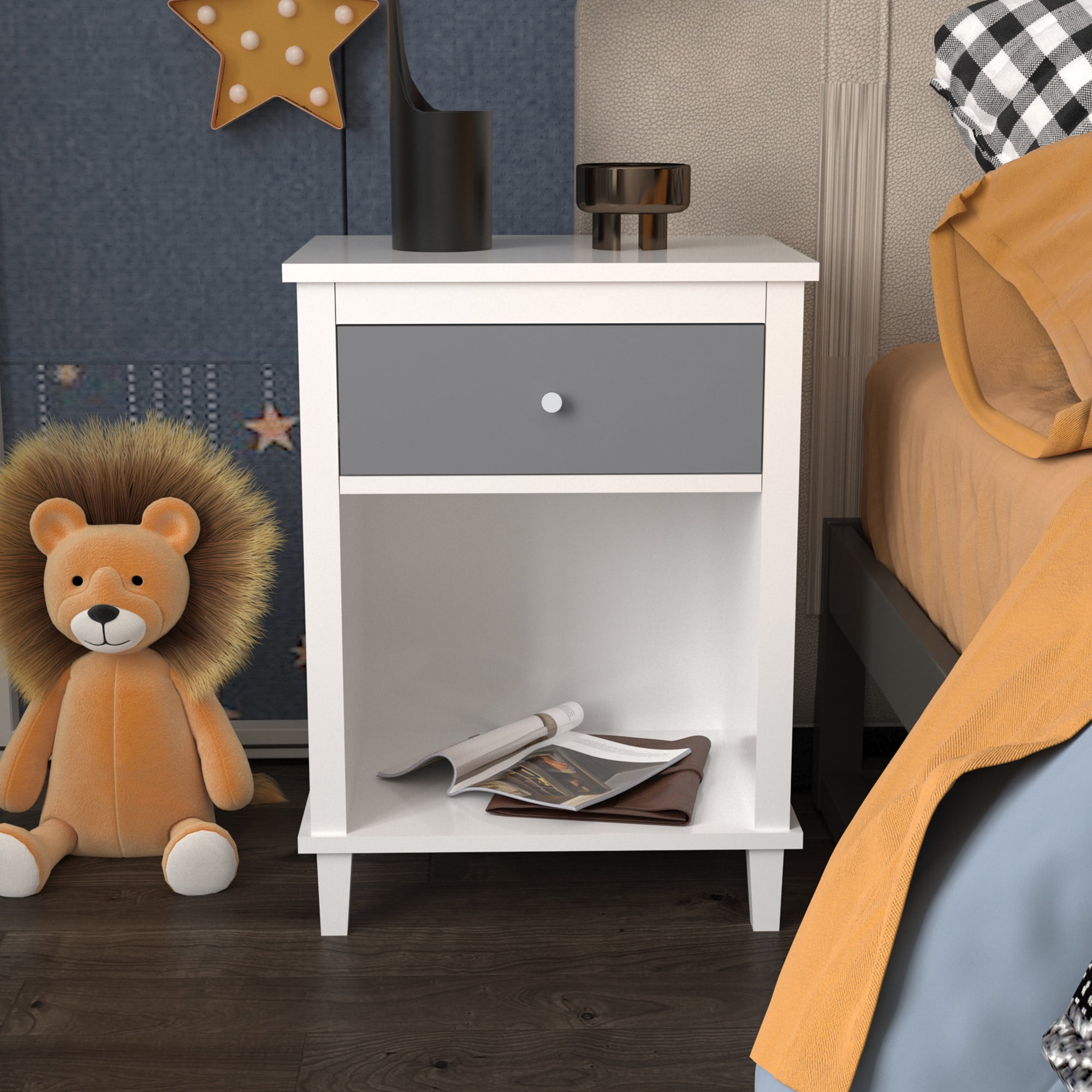 26.77''H Wooden Nightstand with One Drawer One Shelf for Kids, Adults,Gray+Silver handle
