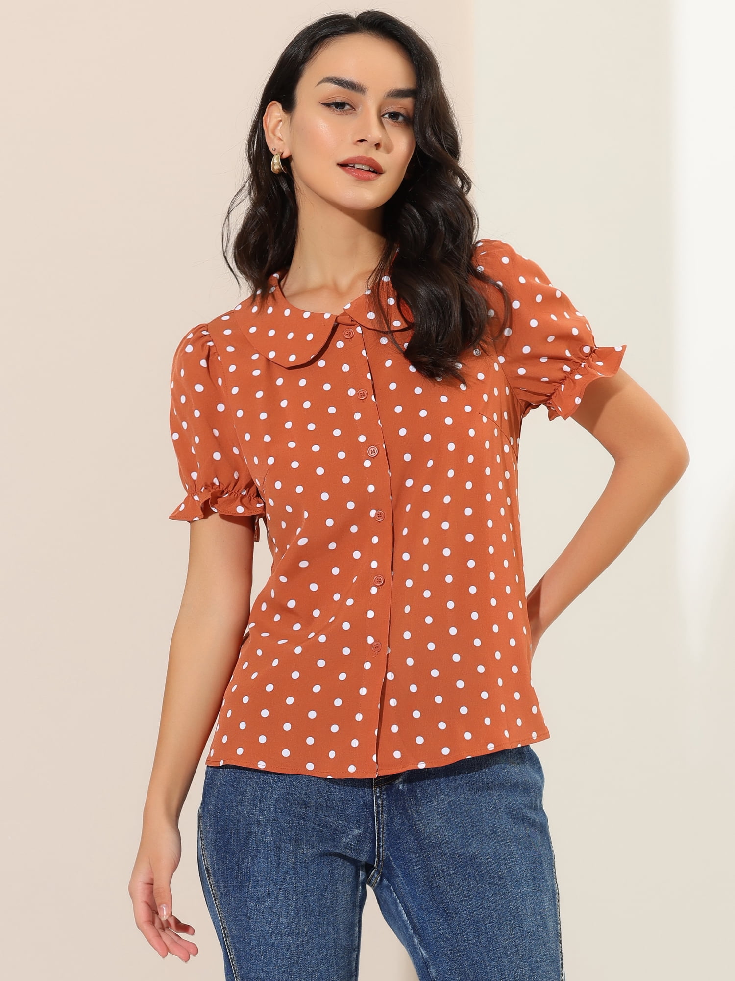 DARING DIVA Women's Polka Dots Doll Collar Puff Short Sleeve Shirts L Orange Red