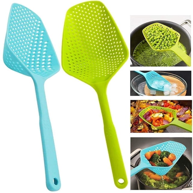 Paquete de 2 coladores de pala, colador de alimentos, cuchara espumadera de cocina, coladores de pala de drenaje de cocina resistentes al calor, colador y tamiz ranurado para el hogar con mango para