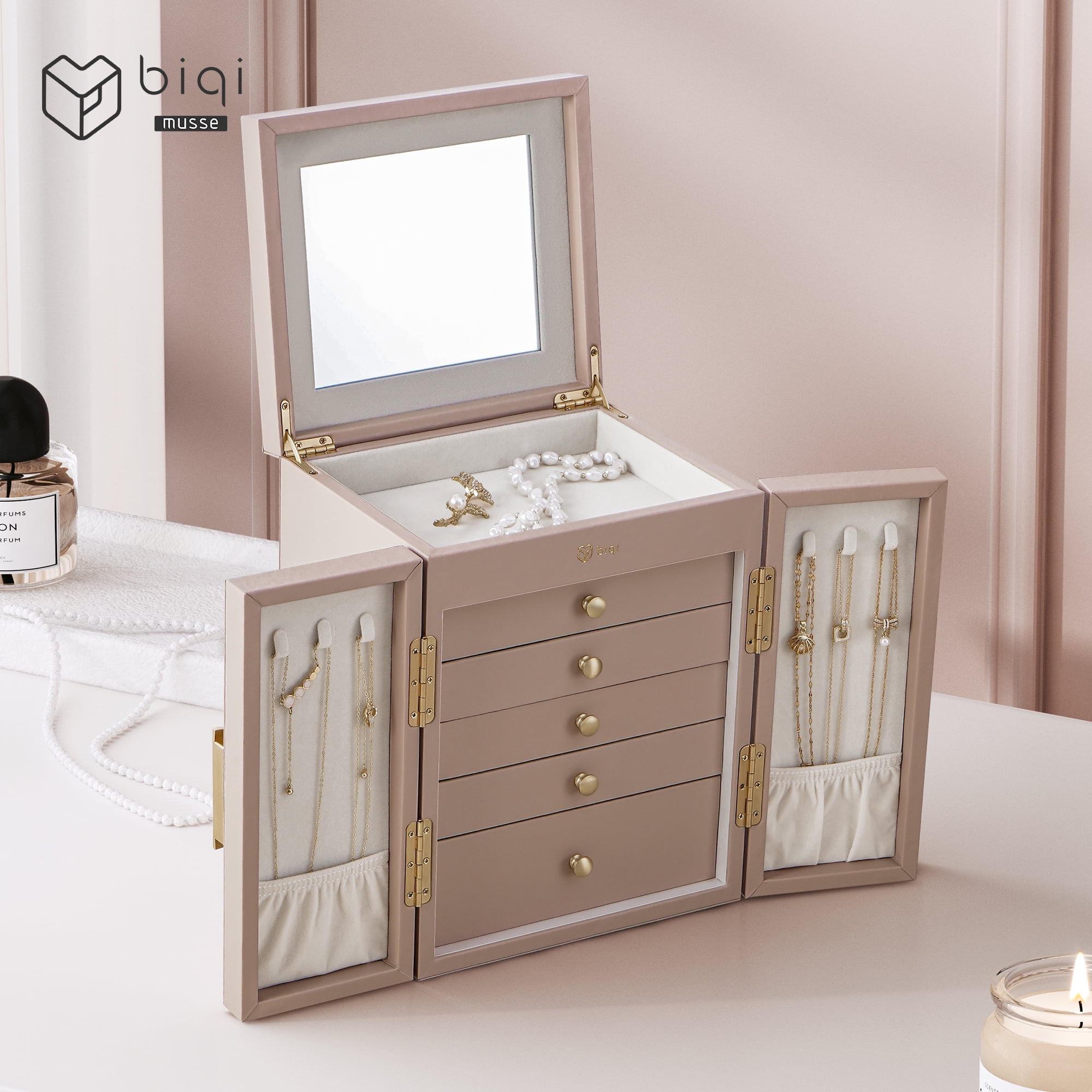 Casegrace 6-Tier Huge Jewelry Box for Women Girls with Mirror 5 Drawers Organizer Necklace Ring Earring Storage Opening Door Gift Case